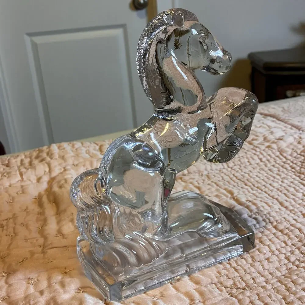 Vintage L.E. Smith Clear Glass Rearing Horse Bookend Figurine 8” Art Deco